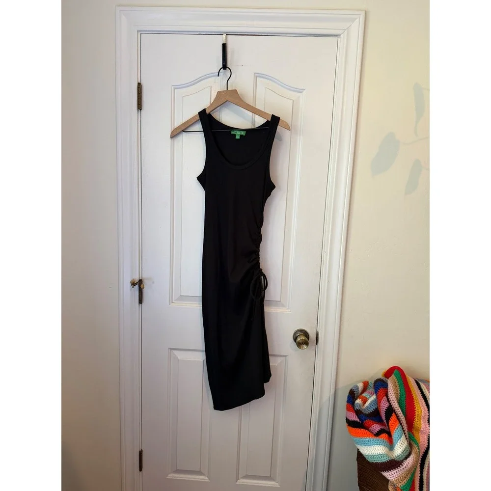 J.Crew | Ruched‎ Midi Tank Dress in Vintage Rib S Black Side Slit Ruched BP250